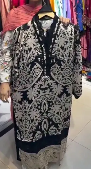 Pakistani Original Rangoon Silk Stitched 3 Pcs _ Black & White 